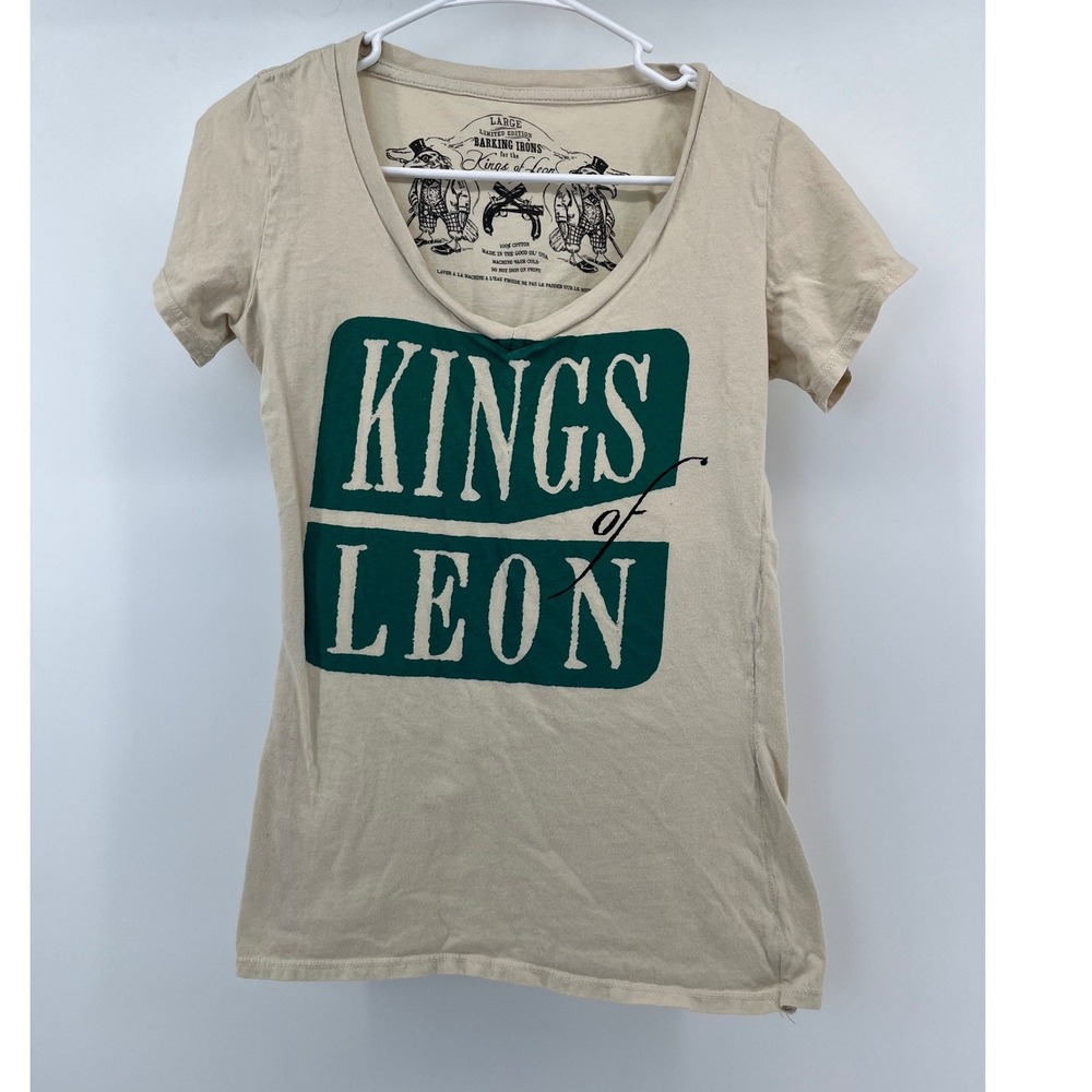 Barking Irons Kings of Leon T-Shirt Womens Large Tan Green V-Neck Graphic Tee